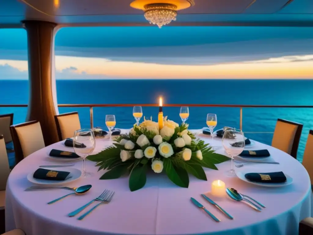 Una lujosa mesa de comedor en la cubierta de un crucero, con elegante vajilla, cristalería y cubiertos de plata, decorada con flores frescas, velas y vista al mar bajo un cielo estrellado