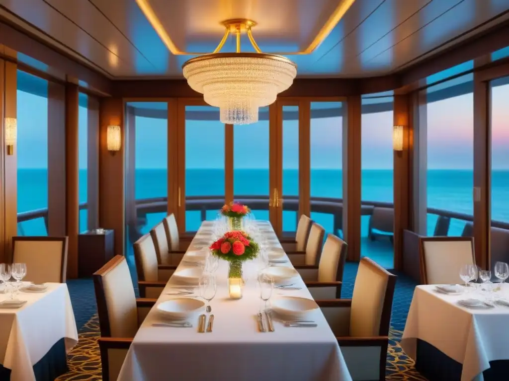 Una lujosa sala de comedor en un crucero, con mesas elegantes y exquisita vajilla