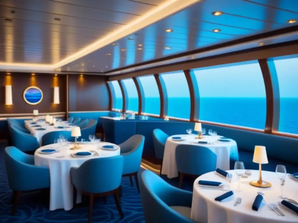 Una lujosa sala de comedor de crucero con decoración minimalista en tonos blancos, grises y azules