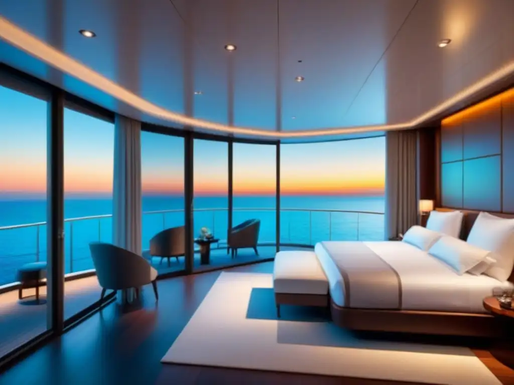 Una lujosa suite de crucero de alto nivel con diseños espectaculares, ventanas de piso a techo y balcón privado con atardecer impresionante