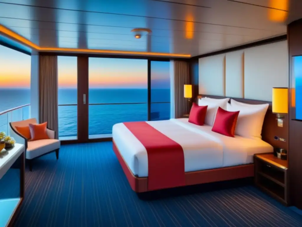 Una lujosa suite de crucero con diseño moderno y avanzadas tecnologías, balcón privado con jacuzzi y vista al mar al atardecer