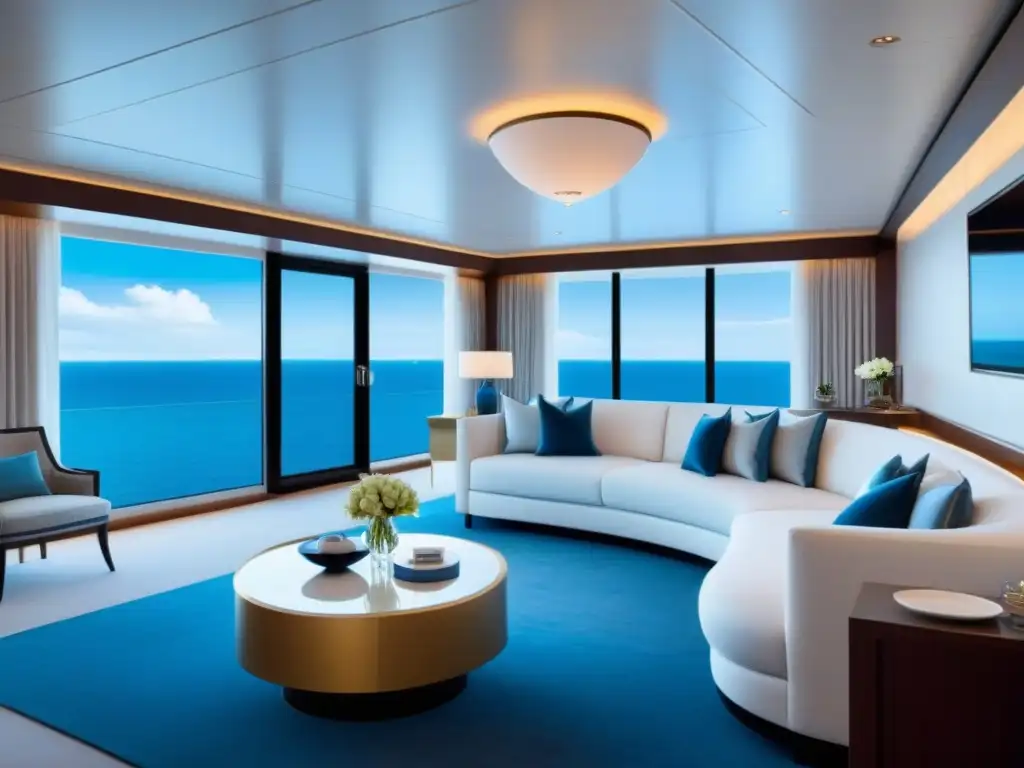 Una lujosa suite de crucero con cama king size, decoración elegante y ventana panorámica con vista al mar