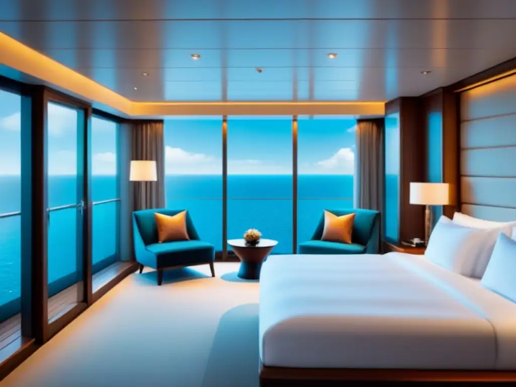 Una lujosa suite de crucero con vistas al mar, cama king size y decoración elegante