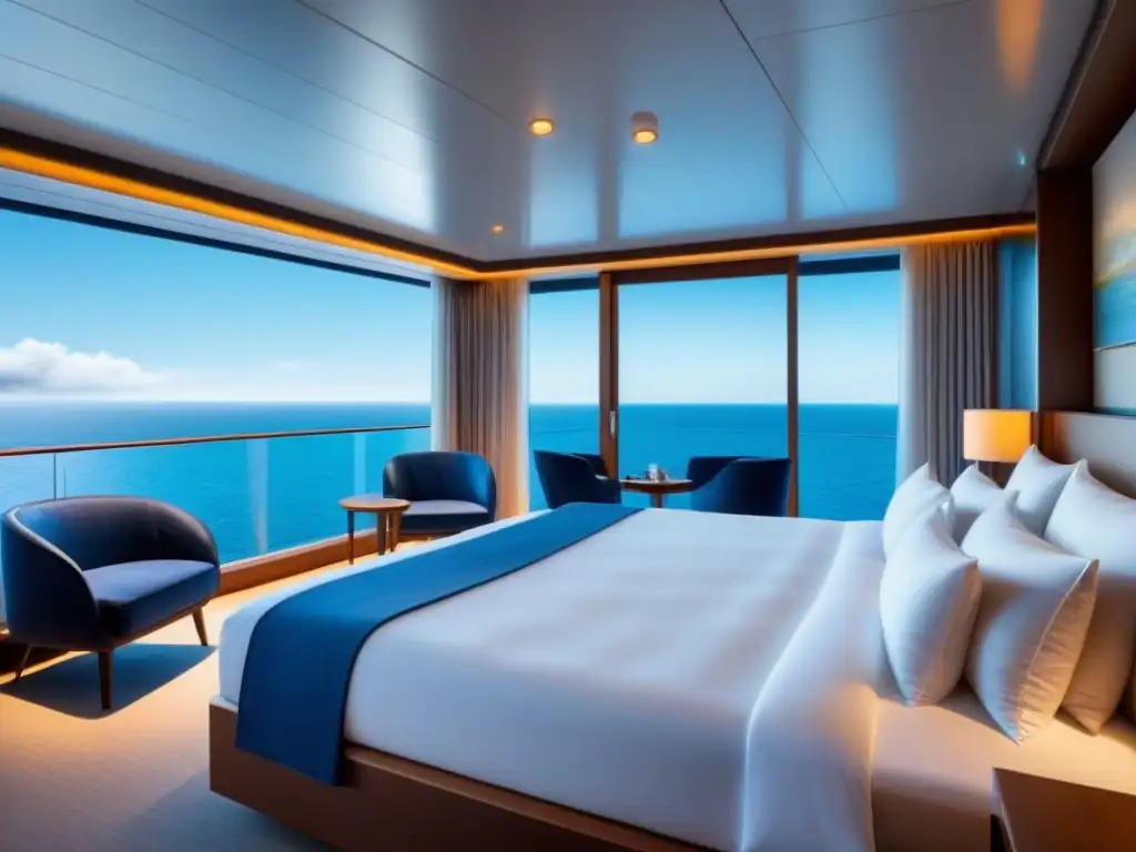 Una lujosa suite de crucero con vistas al océano, cama king-size, mobiliario elegante y balcón privado de diseño contemporáneo