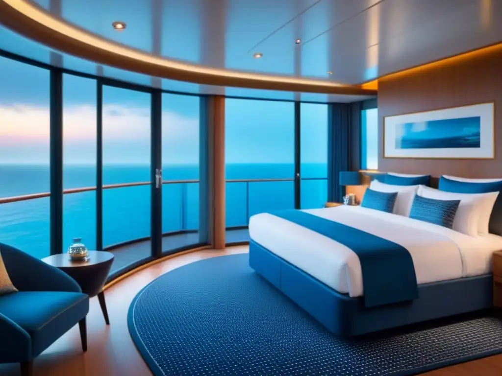 Una lujosa suite exclusiva en crucero con vista al mar, decorada en tonos neutros y toques de azul y oro, exudando sofisticación y relajación