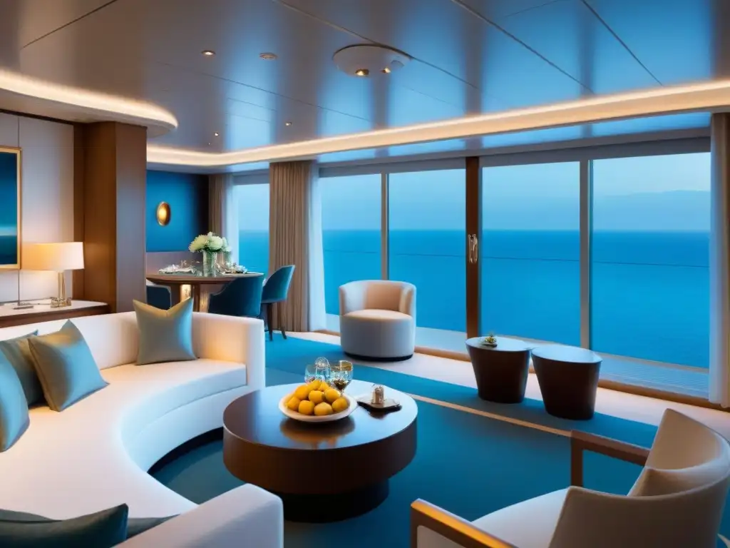 Experimenta la lujosa suite de Seabourn Cruise Line, con diseño moderno, iluminación suave y balcón privado con vista al mar