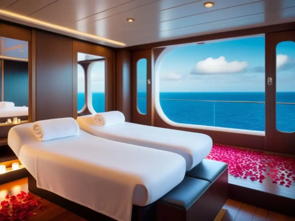 Una lujosa suite de spa en un crucero, con diseño moderno, iluminación suave y jacuzzi con pétalos de rosa