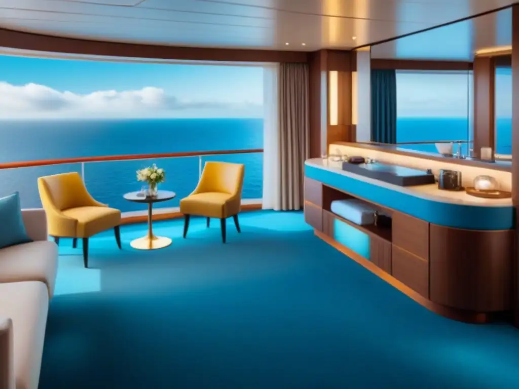 Una lujosa suite con vista al mar en un crucero, decorada con elegancia y opulencia