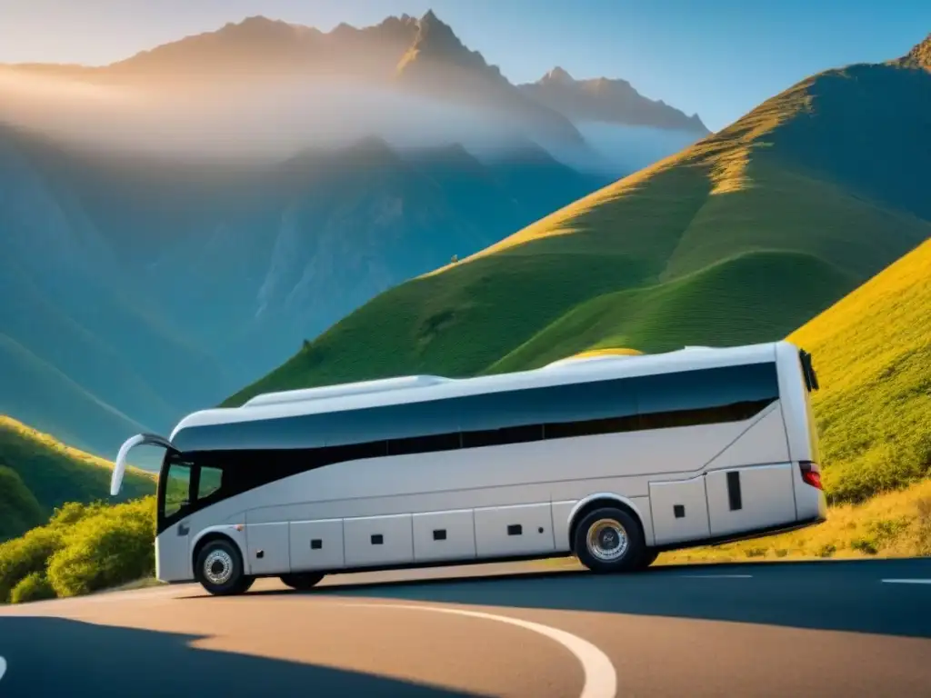 Un lujoso autobús turístico blanco frente a majestuosas montañas al atardecer, ideal para personalizar viaje tours terrestres