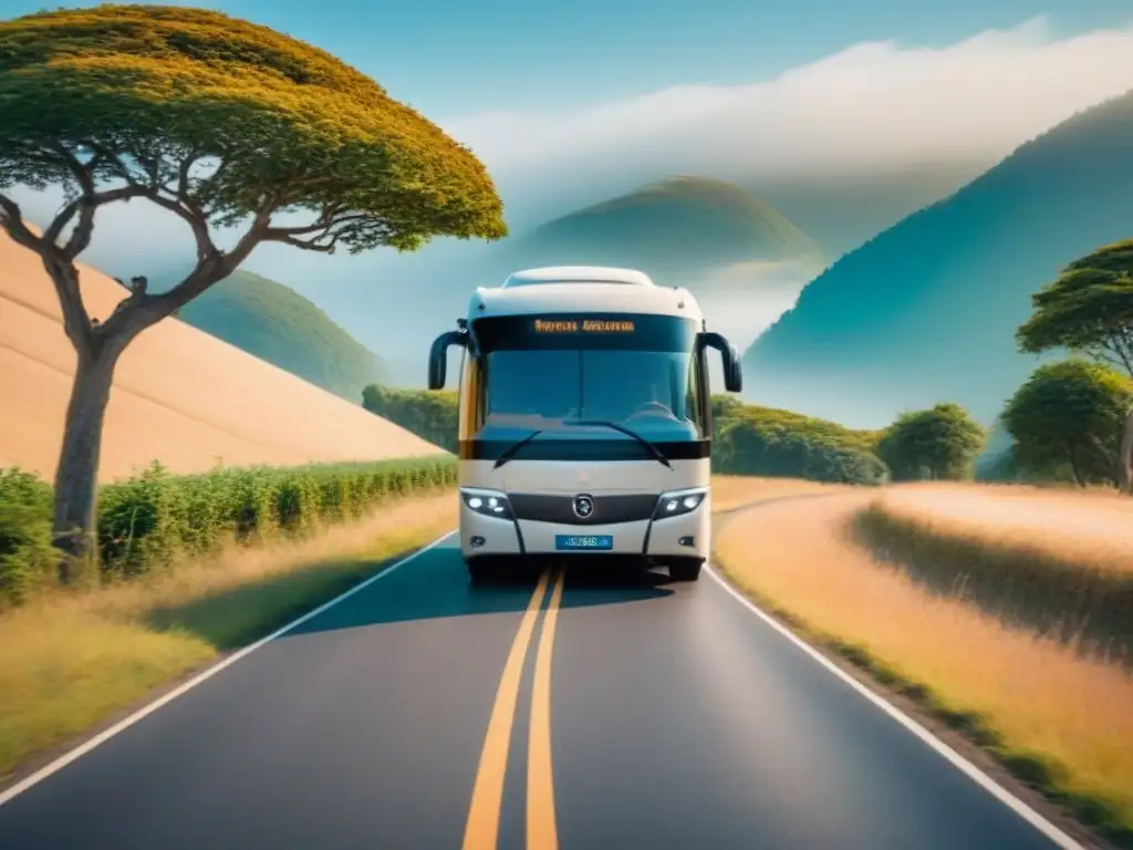Un lujoso autobús turístico personalizado en un paisaje escénico, evocando exclusividad y elegancia para personalizar viaje tours terrestres
