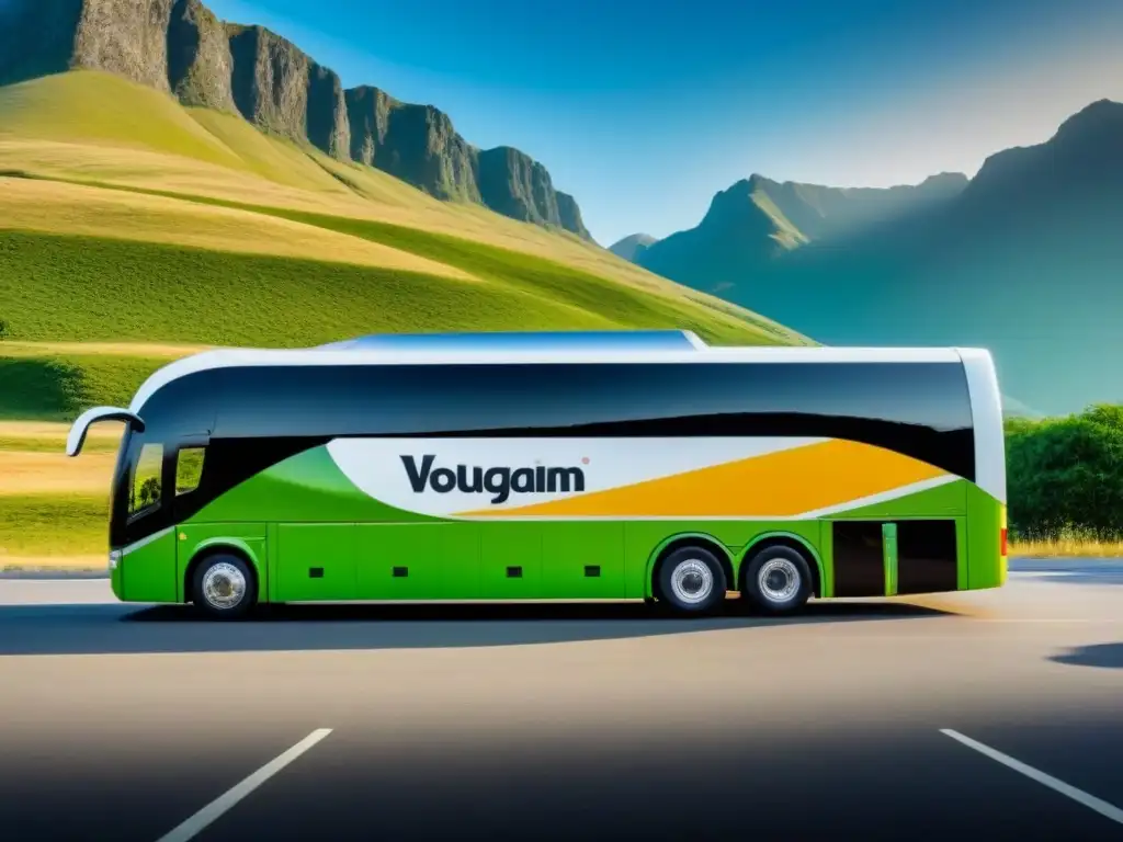 Un lujoso autobús turístico personalizado frente a las montañas, ideal para personalizar viaje tours terrestres