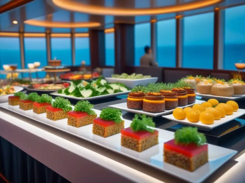 Un lujoso buffet en un crucero con exquisitas opciones veganas en cruceros, platos coloridos y sofisticados