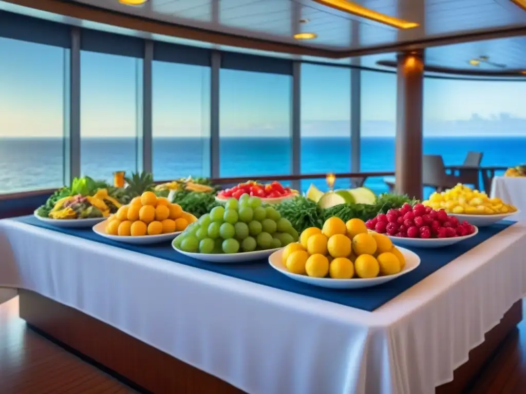 Un lujoso buffet de frutas frescas y mariscos en un crucero, transmitiendo una experiencia de lujo y opciones saludables