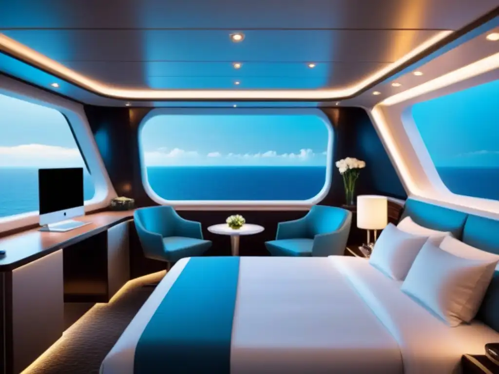 Un lujoso camarote de crucero premium con tecnología punta y diseño futurista