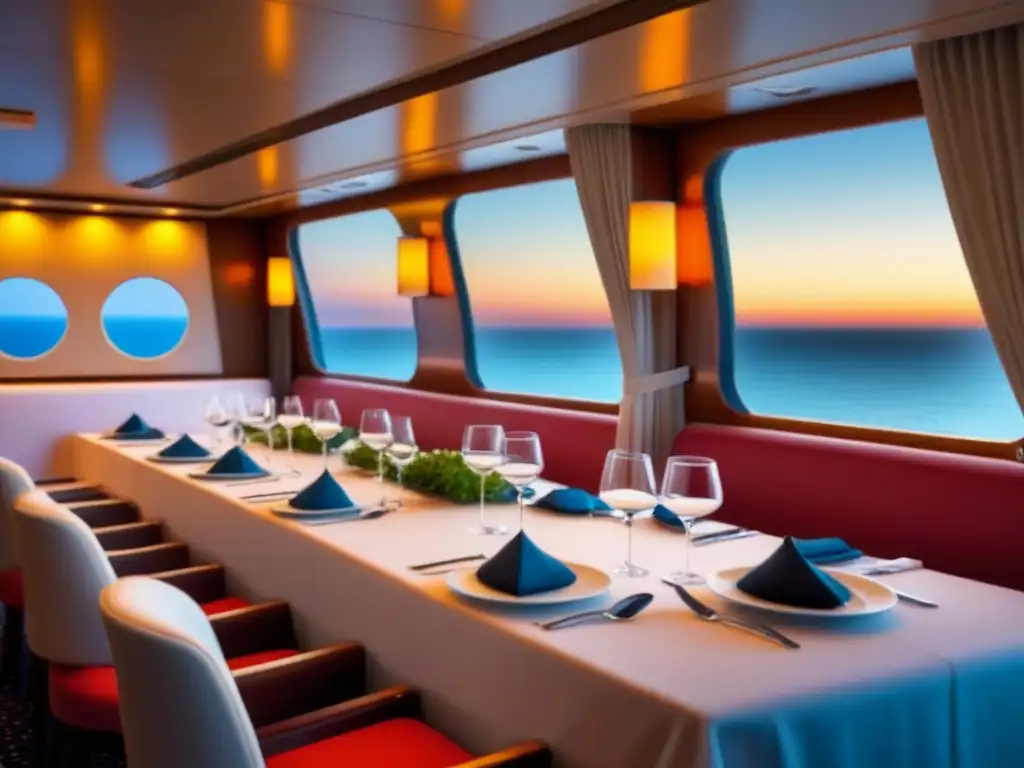 Un lujoso comedor de crucero al atardecer con chefs renombrados supervisando la experiencia culinaria