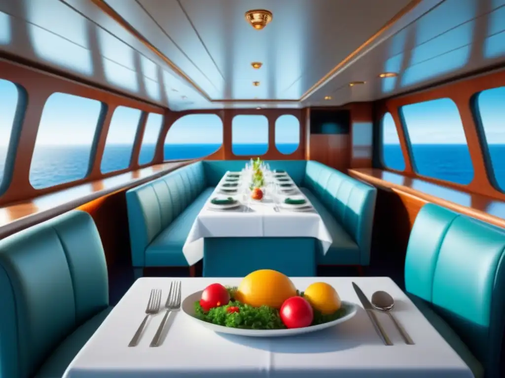 Un lujoso comedor en un crucero marítimo con menús veganos, elegante y sereno con platos frescos y coloridos