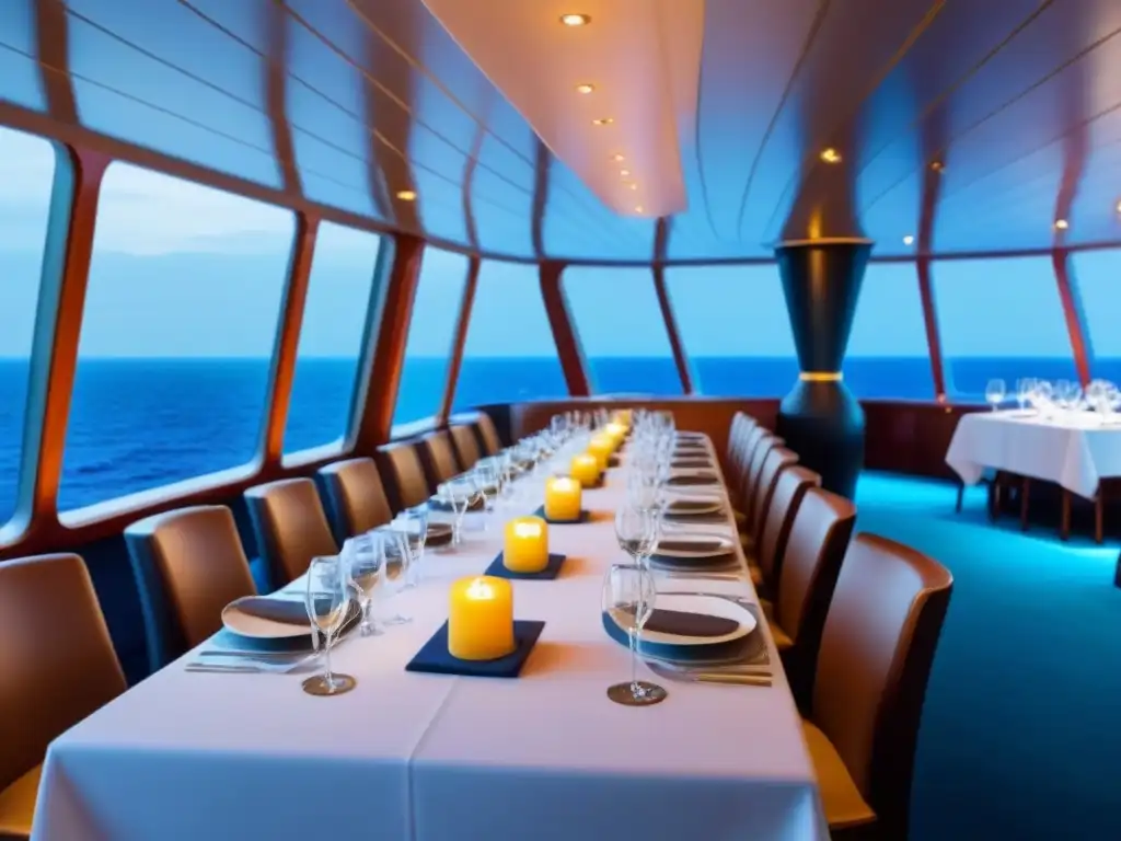 Un lujoso comedor de crucero con menús sostenibles y decoración elegante, iluminado por luz ambiental y con vista al mar