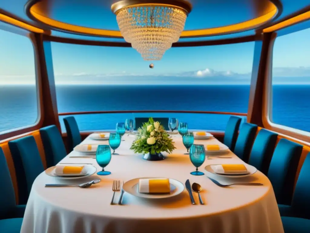 Un lujoso comedor de crucero con mesa elegante y vista al mar