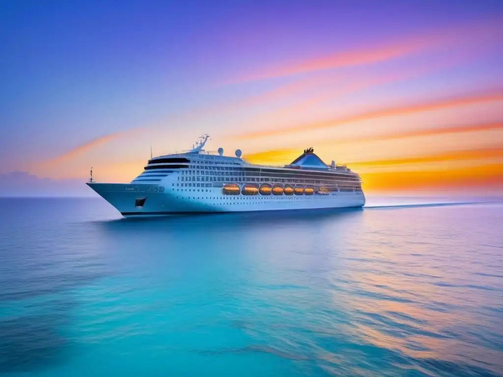 Un lujoso crucero surcando aguas turquesa, bajo un atardecer de colores vibrantes