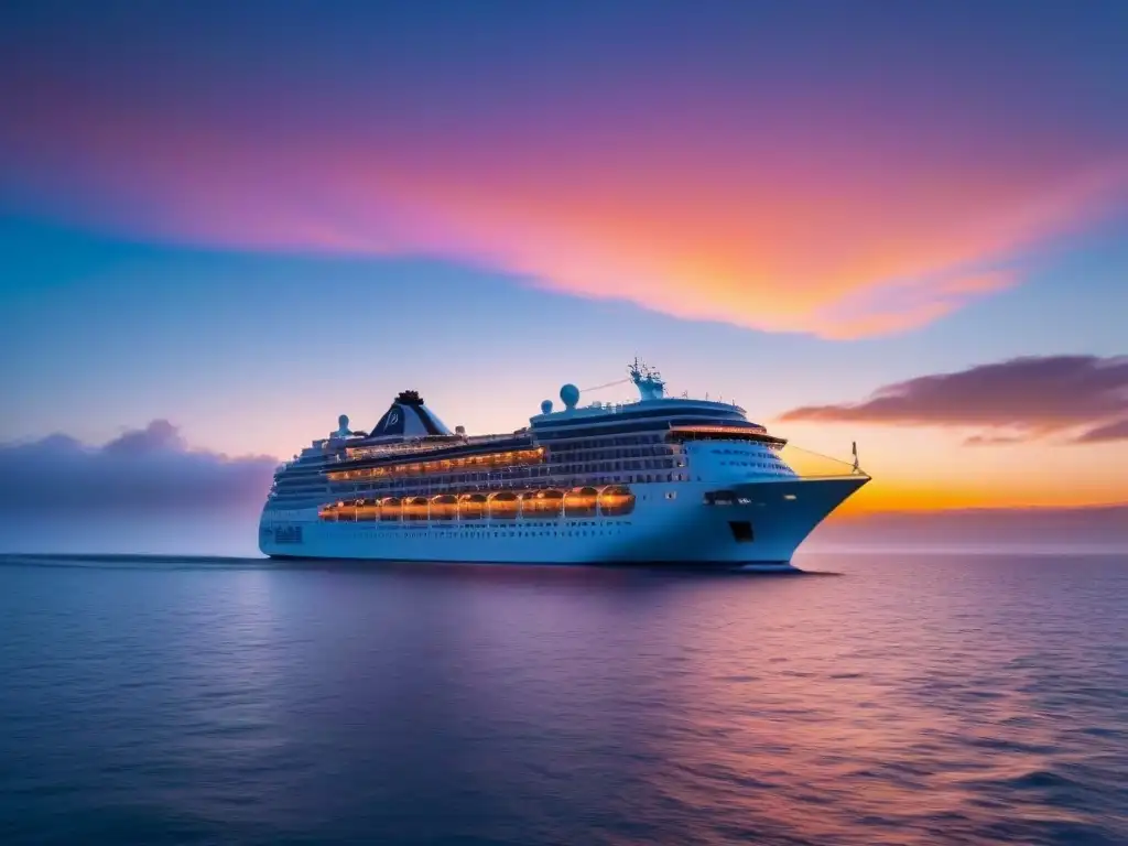 Crucero de lujo al atardecer: navegando en serenidad Un lujoso crucero navegando en aguas calmas al atardecer, con un cielo en tonos naranja y rosa reflejándose en el mar tranquilo