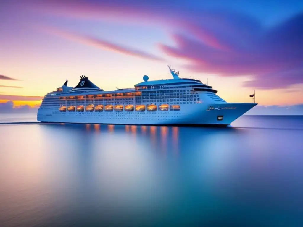 Un lujoso crucero navegando en aguas cristalinas al atardecer, ideal para invertir en propiedades de cruceros