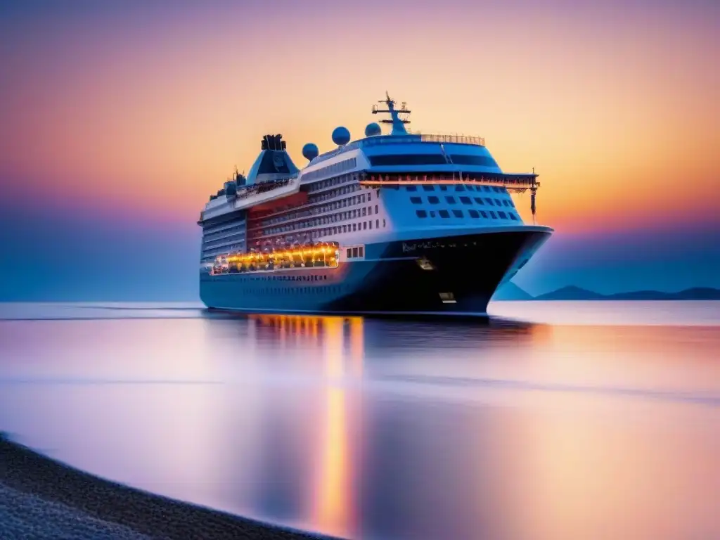 Crucero de lujo: elegancia navegando al atardecer Un lujoso crucero navegando en aguas cristalinas al atardecer, evocando la rentabilidad de los cruceros de lujo