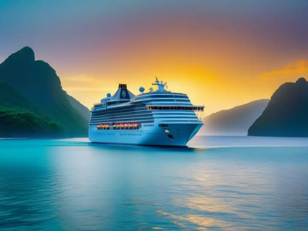 Un lujoso crucero surcando aguas caribeñas cristalinas al atardecer