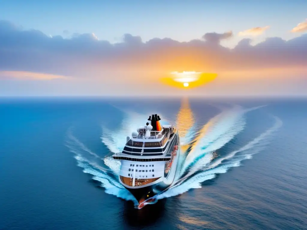 Un lujoso crucero navega en aguas cristalinas al atardecer, representando la armonía entre el lujo y el reciclaje de residuos responsables