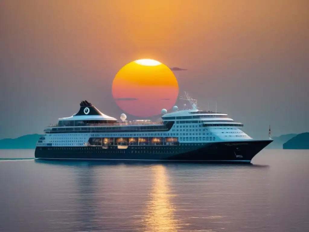 Un lujoso crucero navegando en aguas cristalinas al atardecer, con símbolos de criptomonedas en su diseño