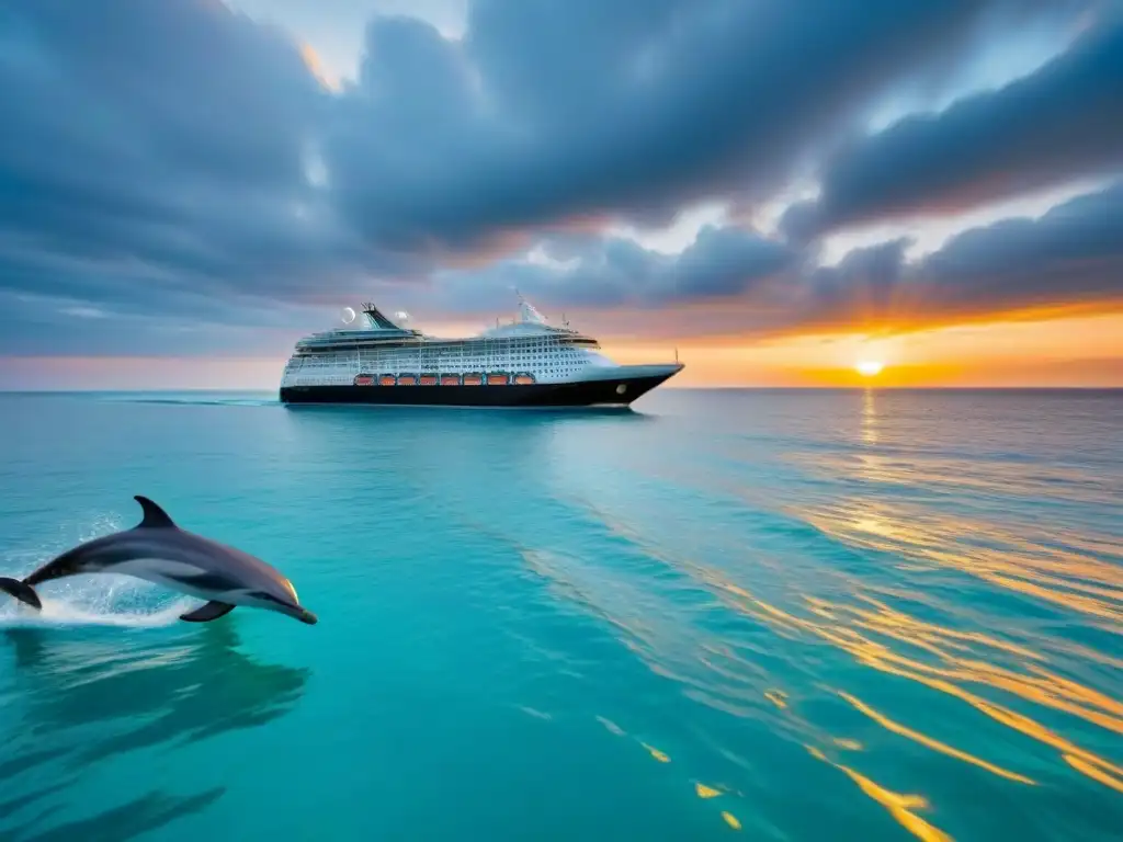 Un lujoso crucero navegando en aguas turquesa con delfines, bajo un atardecer dorado