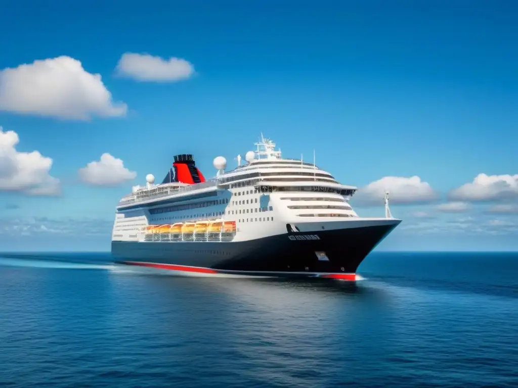 Fotografía marina de un lujoso crucero cortando aguas serenas, reflejándose en un mar tranquilo bajo cielo azul con nubes