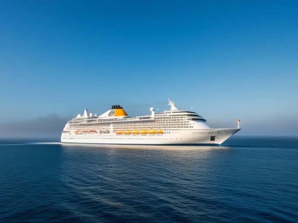 Un lujoso crucero navegando en aguas tranquilas, bajo cielo azul, con un sutil logo de Bitcoin