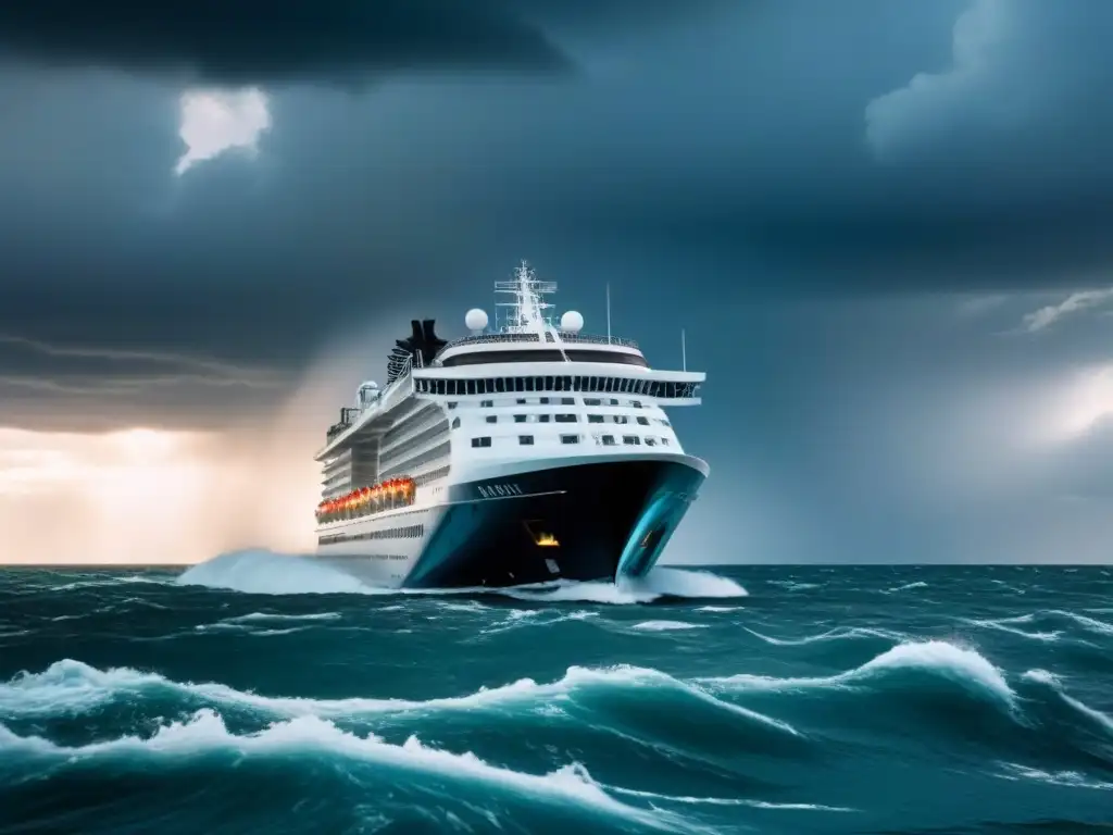 Un lujoso crucero en aguas turbulentas bajo un cielo tormentoso, ilustrando los impactos de cambios climáticos en viajes de crucero