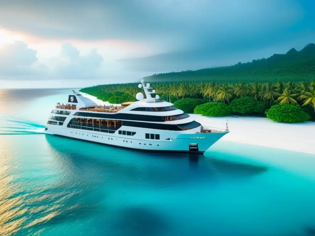 Un lujoso crucero navegando por aguas turquesas en las Maldivas, rodeado de arrecifes de coral y islas tropicales