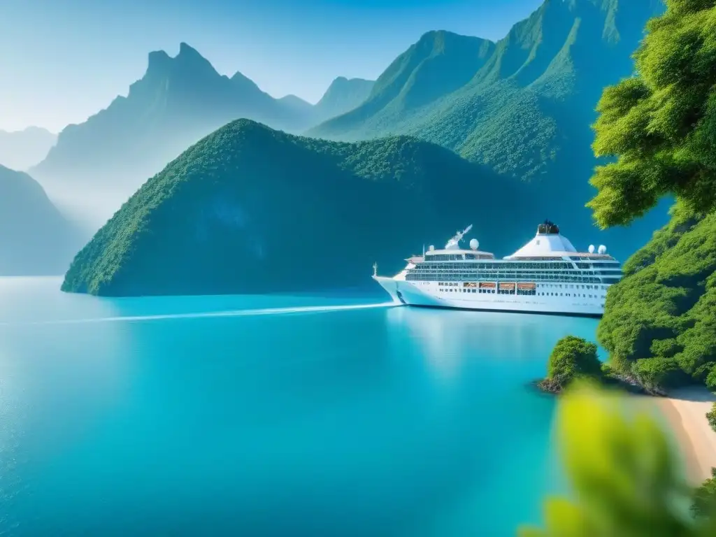 Un lujoso crucero navegando en aguas turquesas rodeado de naturaleza exuberante y montañas, reflejando armonía y lujo