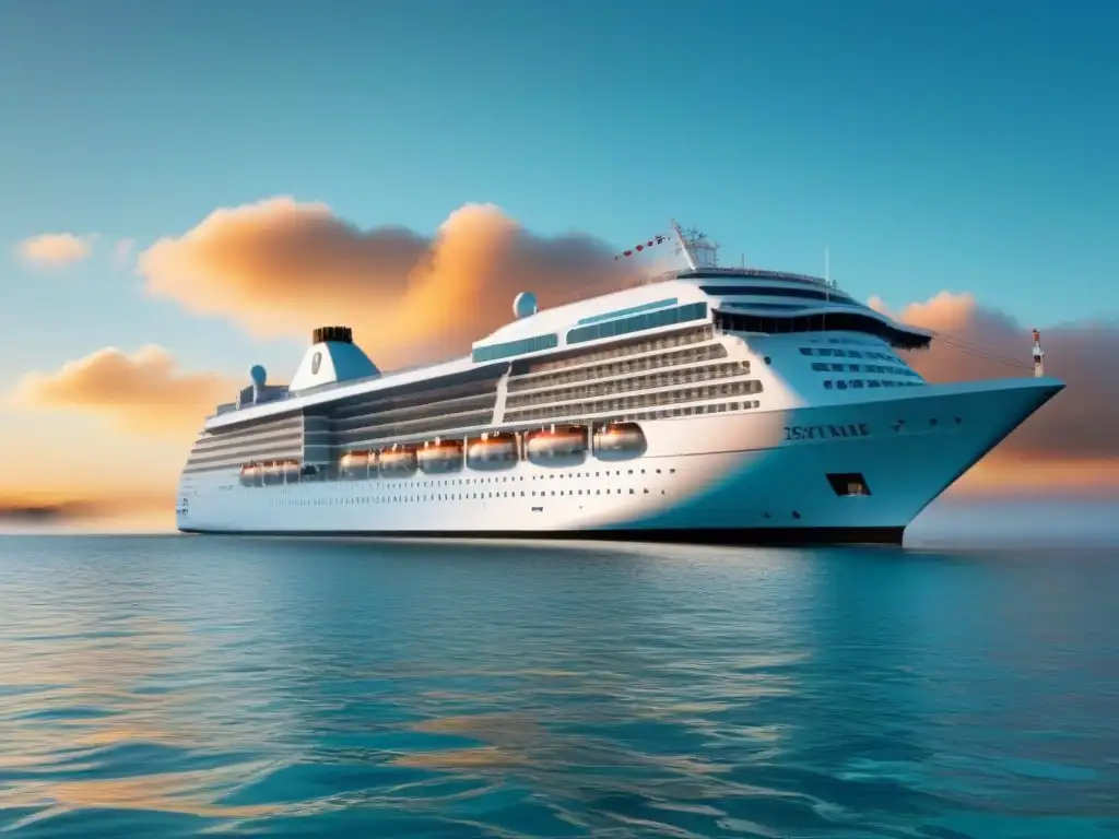Un lujoso crucero navegando en aguas turquesas bajo un cielo sin nubes al atardecer, transmite serenidad y opulencia