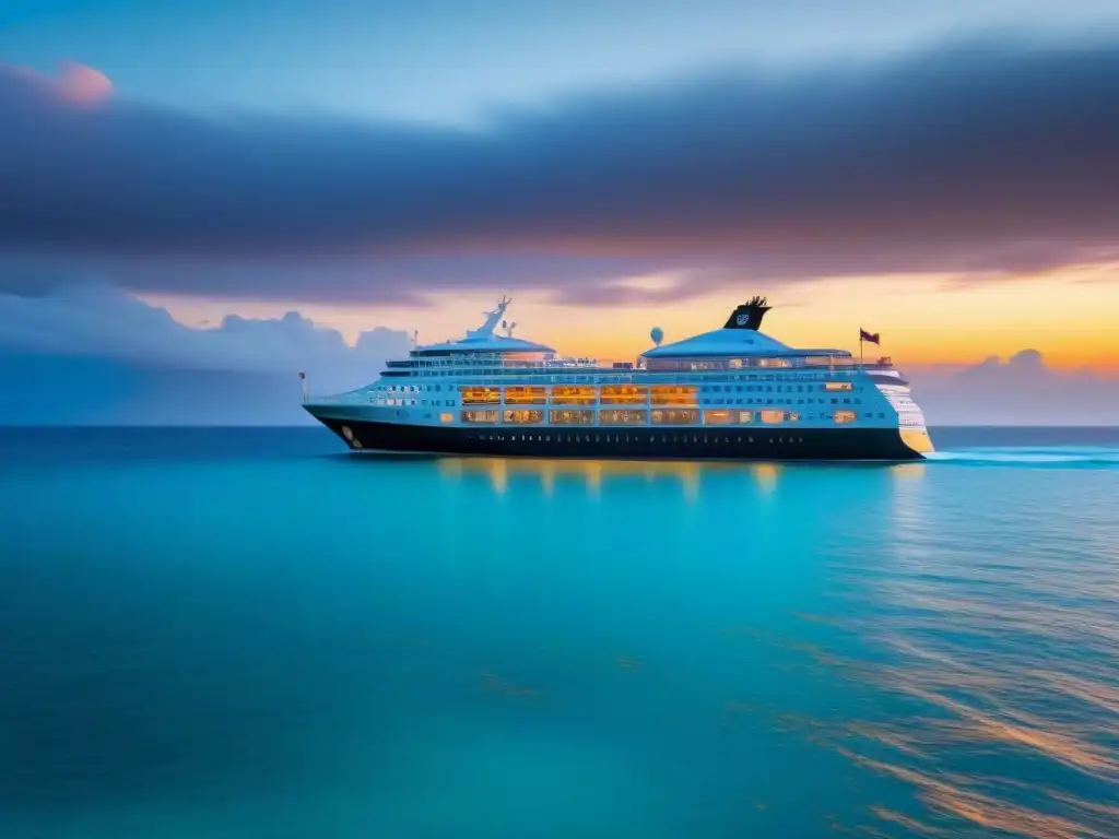 Un lujoso crucero navegando en aguas turquesas al atardecer