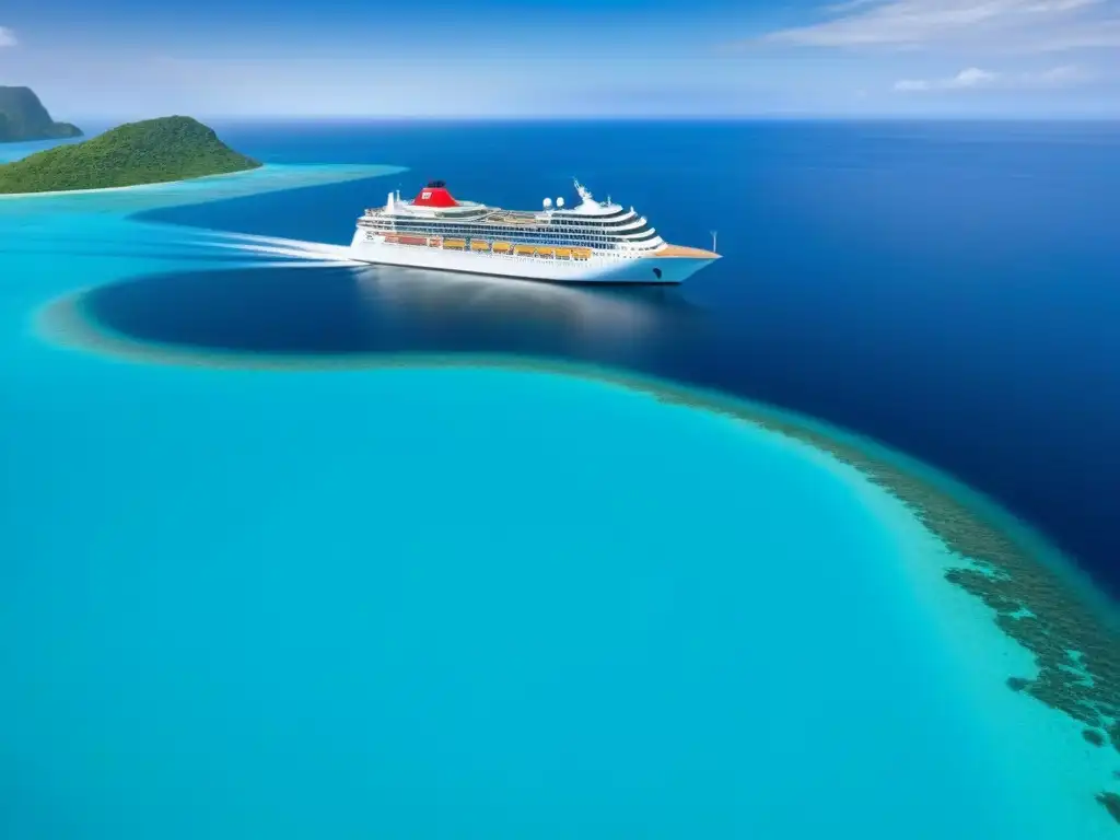 Un lujoso crucero flotando en aguas turquesas, rodeado de islas tropicales verdes bajo un cielo azul claro