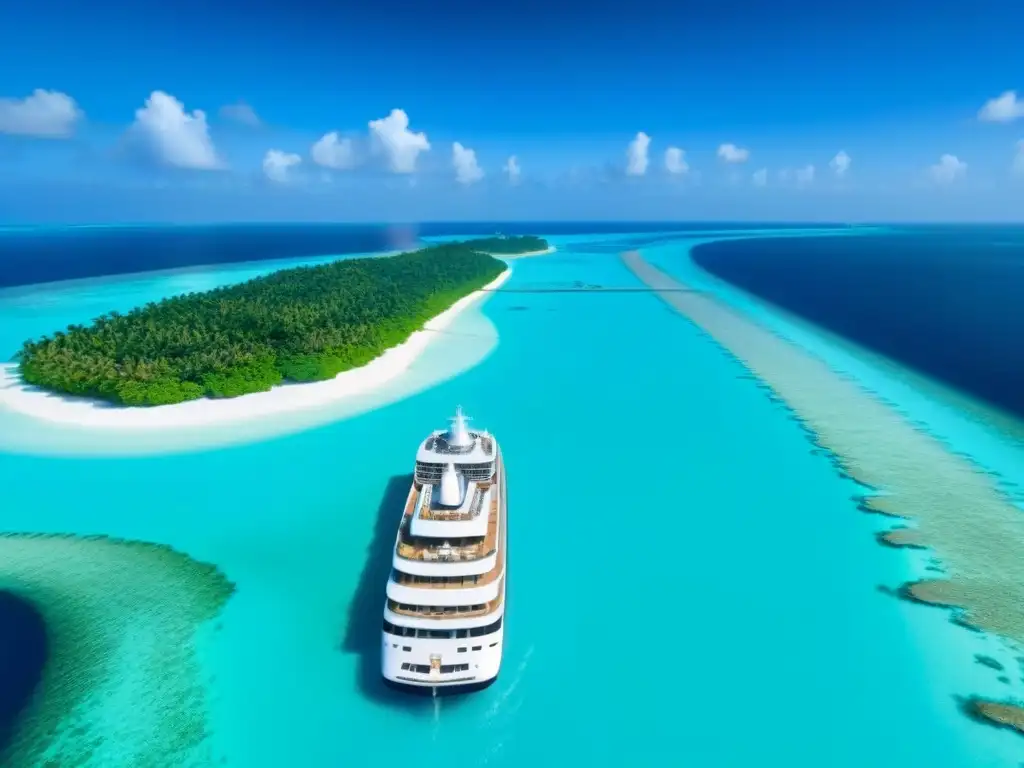 Un lujoso crucero navegando en aguas turquesas de las Maldivas, rodeado de bungalows sobre el agua y exuberantes islas tropicales