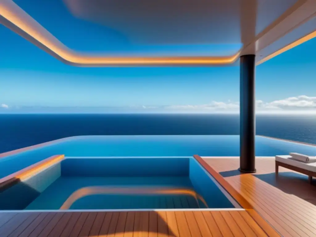 Un lujoso crucero con amenidades de lujo tendencias: piscinas infinity, elegantes camastros y vistas panorámicas al mar bajo un cielo azul claro