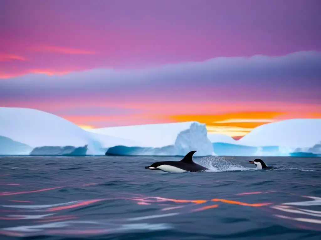 Un lujoso crucero en Antártida surca aguas heladas al atardecer con pingüinos nadando