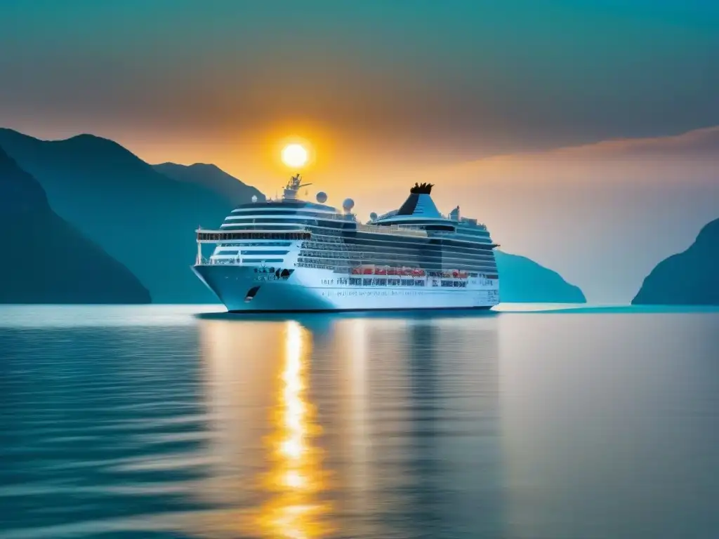 Un lujoso crucero navegando al atardecer en aguas turquesas, reflejando elegancia y relajación