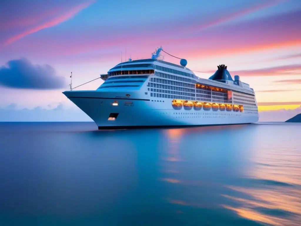 Un lujoso crucero navegando al atardecer en aguas cristalinas