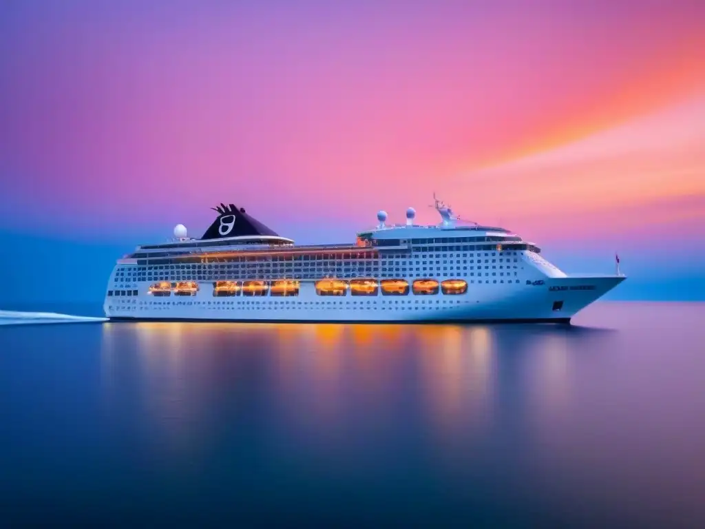 Un lujoso crucero navegando al atardecer en aguas tranquilas, con un cielo naranja y rosa reflejado en el mar