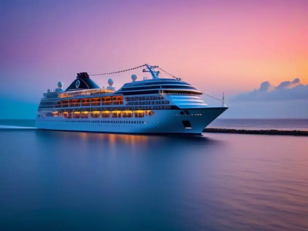 Un lujoso crucero navegando al atardecer en aguas cristalinas, con un cielo naranja y rosa de fondo