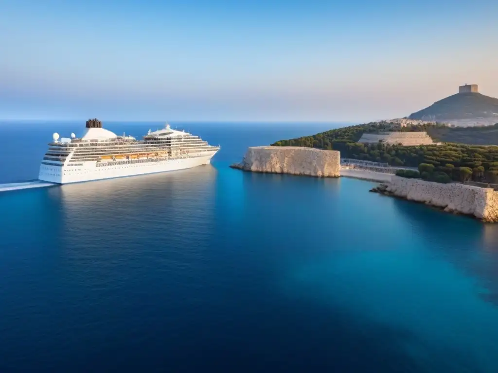 Un lujoso crucero navegando al atardecer en aguas cristalinas del Mediterráneo, fusionando modernidad con historia