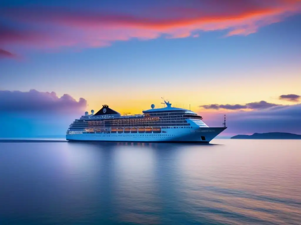 Un lujoso crucero navegando al atardecer en aguas cristalinas, creando una atmósfera serena y elegante