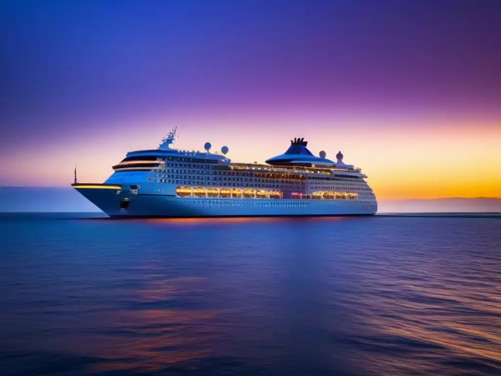 Un lujoso crucero al atardecer, reflejando los colores del cielo en el mar