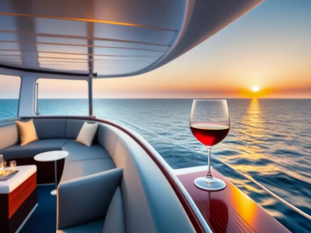 Un lujoso crucero navegando al atardecer con una copa de vino tinto, ideal para catas de vinos en crucero