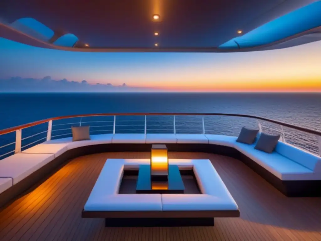 Un lujoso crucero al atardecer, diseño moderno y elegante, iluminación suave